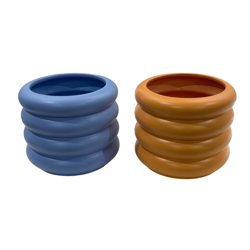 Modern Ceramic Planters Set Of 2 Blue & Orange Indoor/Outdoor Pots With Drainage